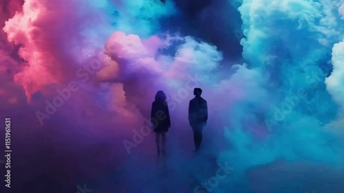 A man and woman are walking through a thick cloud of smoke. The smoke is blue and purple, creating a mysterious and eerie atmosphere