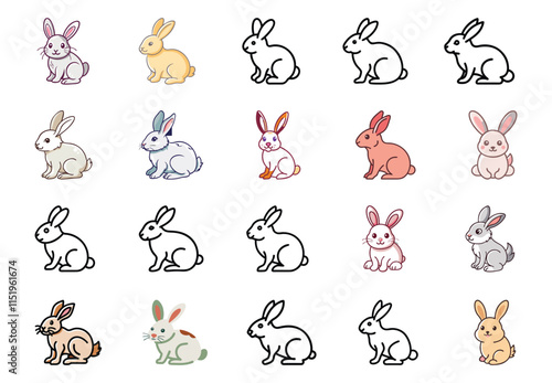 A diverse set of bunny illustrations showcasing various poses, colors, and styles, including outlined and filled designs, emphasizing cuteness and nature.  
