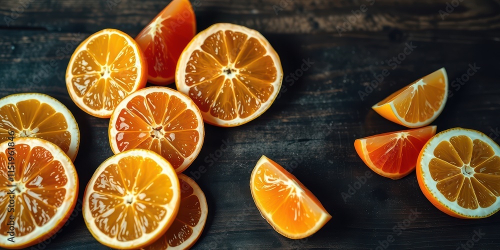 A vibrant collection of juicy citrus fruit slices, illuminated by natural light, arranged on a rustic wooden surface. A vibrant collection of juicy citrus fruit slices, illuminated by natural light, arranged on a rustic wooden surface.