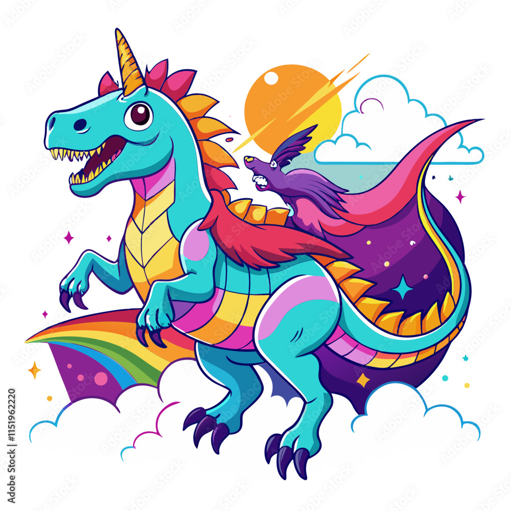Fototapeta premium Cartoon unicorn riding a T-Rex vector illustration