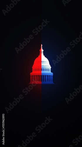 A stylized image of the U.S. Capitol dome split between red and blue backgrounds, symbolizing political division.