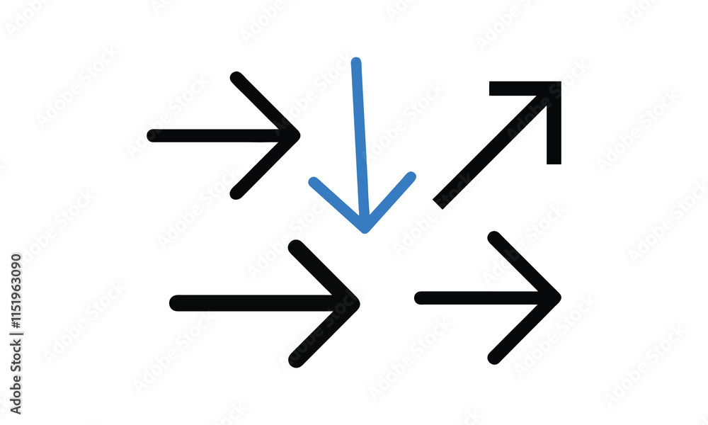 Illustration of multiple black arrows pointing in different directions, with one blue arrow pointing downward, symbolizing decision-making or direction.
Illustration of multiple black arrows pointing in different directions, with one blue arrow pointing downward, symbolizing decision-making or direction.