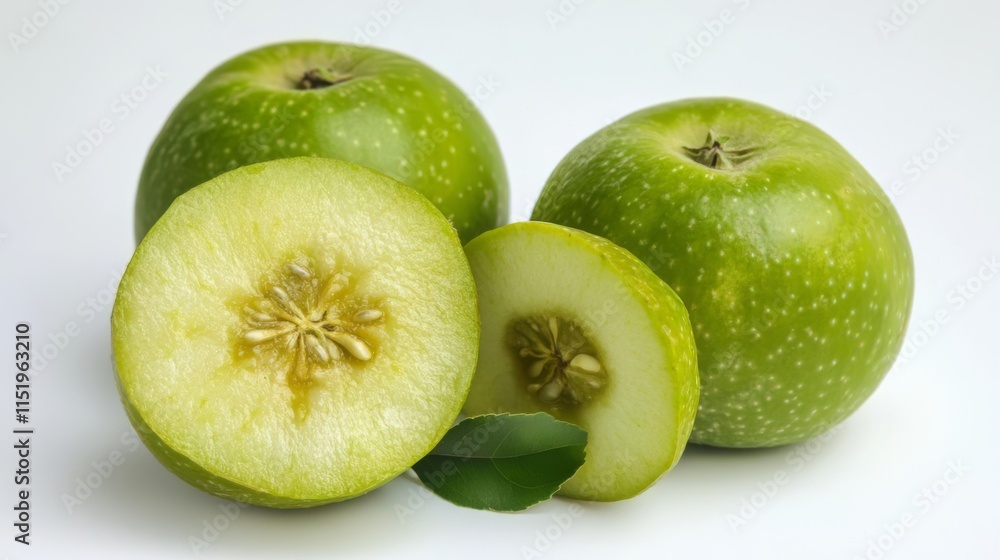 Close-up of Fresh Green Apples with Slices and Seeds Close-up of Fresh Green Apples with Slices and Seeds