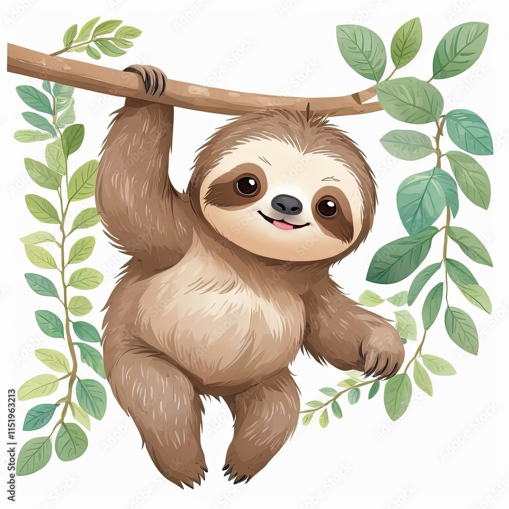 Obraz premium Adorable sloth hanging from a branch, surrounded by lush green leaves. A charming illustration perfect for kids' rooms or nature-themed projects.