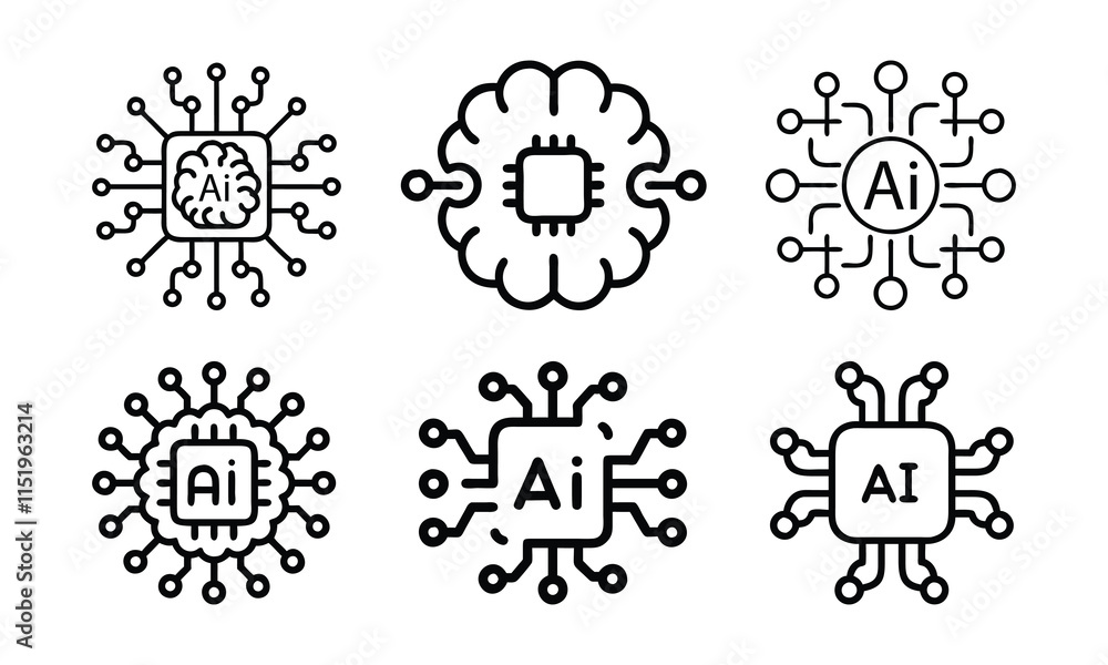 Black and white vector illustrations of AI-related icons, featuring circuit patterns, processors, and microchips symbolizing artificial intelligence and technology concepts.  

