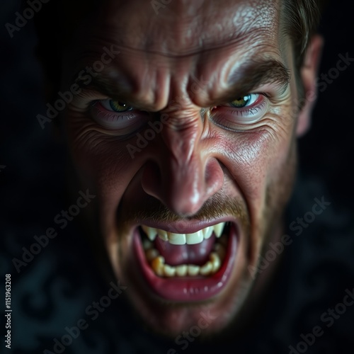 Close-up of a man's intense, angry face.  Dark, moody lighting enhances the dramatic expression.