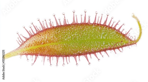 A close-up image of a green, elongated leaf with glandular hairs. photo