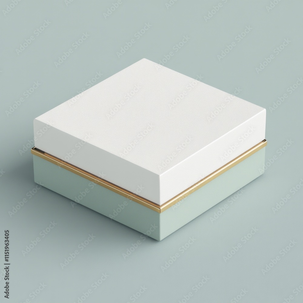 Minimalist square gift box with gold trim on soft green surface Minimalist square gift box with gold trim on soft green surface
