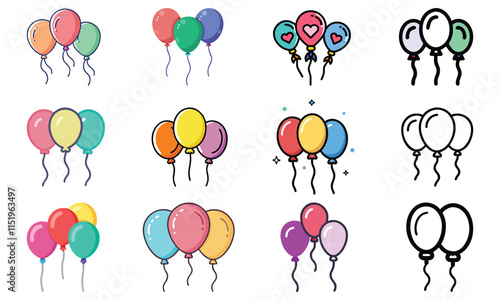 Set of colorful and outline vector icons featuring balloons in various styles and arrangements, perfect for celebrations, parties, events, and festive-themed designs.  
