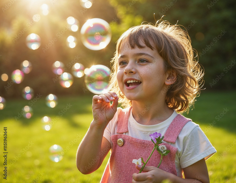 Happy Child Blowing Soap Bubbles in a Sunny Garden Happy Child Blowing Soap Bubbles in a Sunny Garden