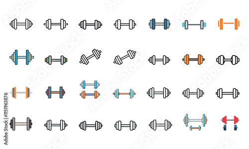 Extensive collection of colorful and outline vector icons featuring various dumbbell designs, ideal for fitness, gym, weightlifting, and exercise-themed projects.  
