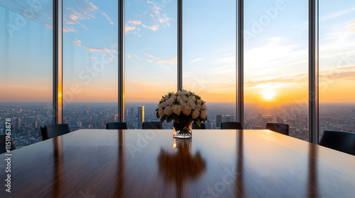 stunning sunset view from corporate meeting room with flowers