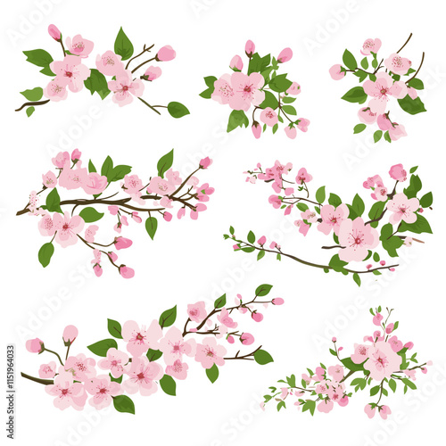 A set of beautiful, pink, flat vector cherry blossoms, sakura for spring, summer decoration