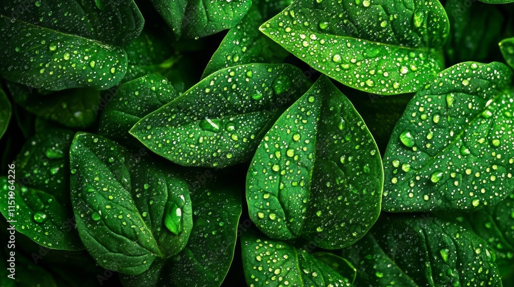 Close-up View of Lush Green Leaves with Dew Drops Close-up View of Lush Green Leaves with Dew Drops