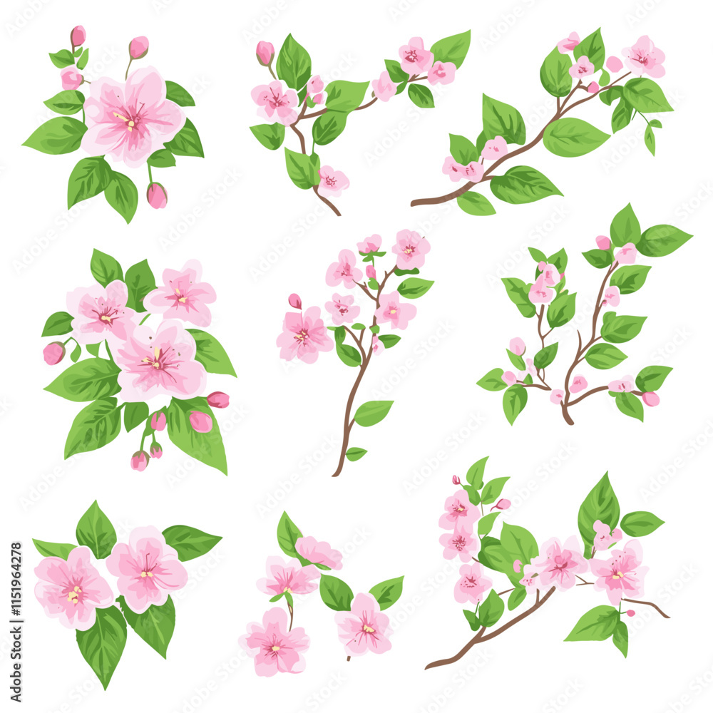 custom made wallpaper toronto digitalCherry Blossom. Flower pink sakura, green leaves. Wedding concept with flowers. Floral poster, invite. Vector arrangements for greeting card or invitation design