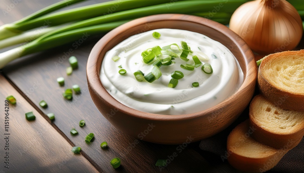wood bowl of clean sour cream dip sauce with herbs and inexperienced onions wood bowl of clean sour cream dip sauce with herbs and inexperienced onions