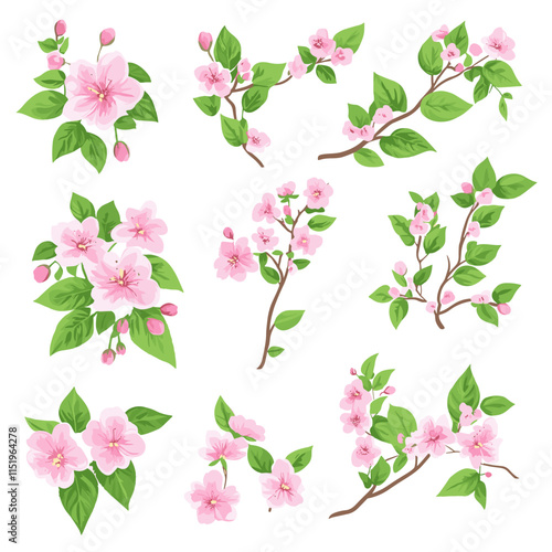 Wallpaper Mural Cherry Blossom. Flower pink sakura, green leaves. Wedding concept with flowers. Floral poster, invite. Vector arrangements for greeting card or invitation design Torontodigital.ca