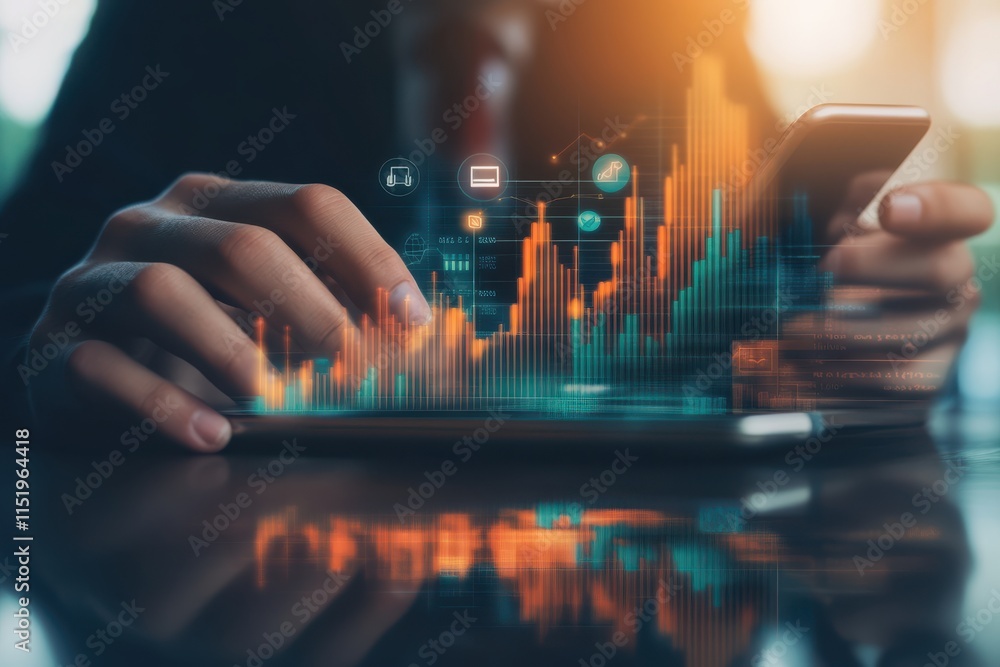 Businessman analyzing data on smartphone with digital graphs and charts, showcasing modern technology and financial insights Businessman analyzing data on smartphone with digital graphs and charts, showcasing modern technology and financial insights
