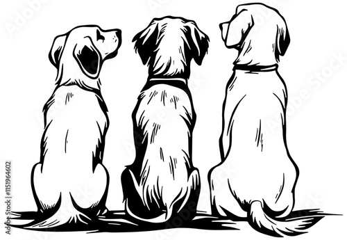 Three dogs sitting, from behind, illustration in black, isolated 