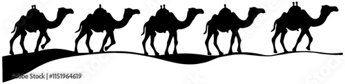 Silhouette of camels walking across a sand dune, in black, isolated 