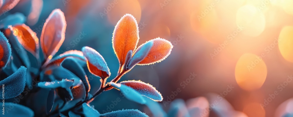 Fototapeta premium A close-up of frost-covered leaves with sunlight filtering through, symbolizing the beauty and fragility of winter nature