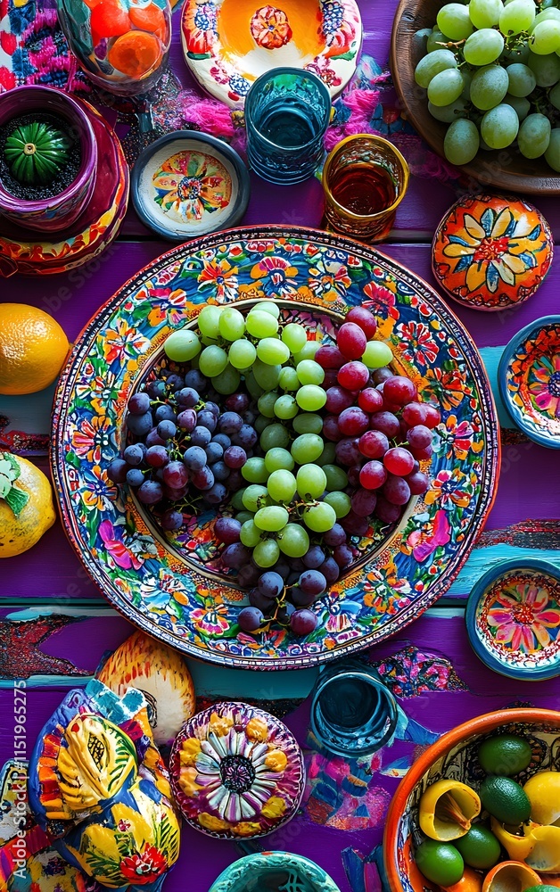 A colorful Mexican table with grapes laid out on a plate, each representing a wish, surrounded by vibrant decorations for New Years Eve A colorful Mexican table with grapes laid out on a plate, each representing a wish, surrounded by vibrant decorations for New Years Eve