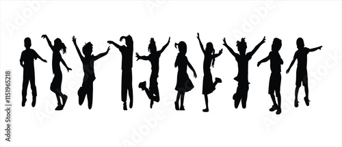 Many kid jumping cheerfully illustration on white background , kids Jumping Silhouette Vector, silhouette of children playing.
