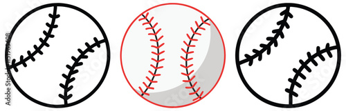 Set of vector icons featuring baseballs with detailed stitching in black and red outlines, ideal for sports, recreation, and baseball-themed projects.  
