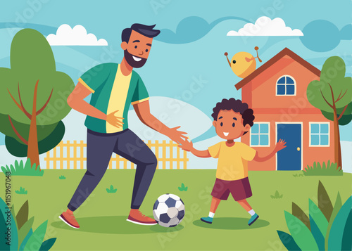 A father and child playing soccer in the backyard, sharing a fun, energetic moment.


