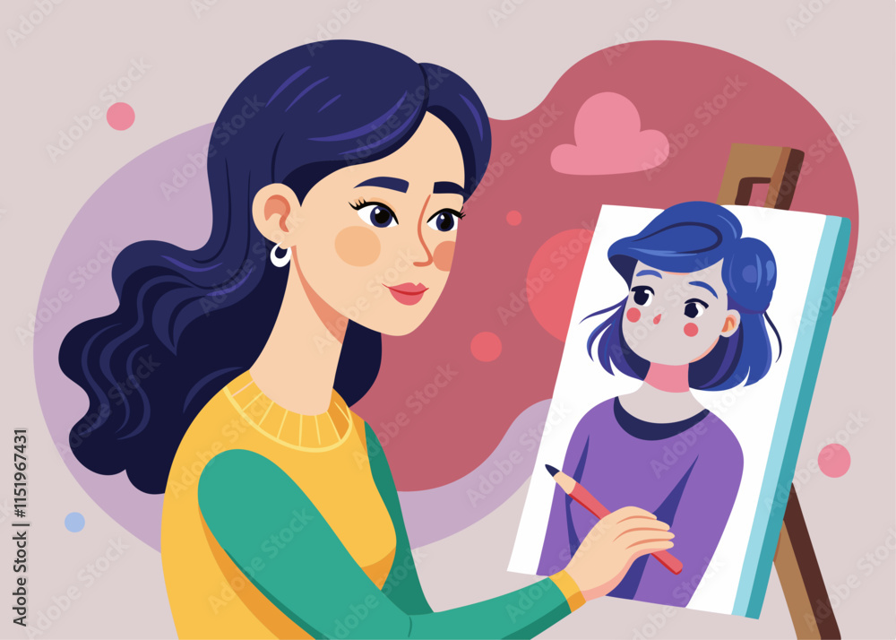 A young woman drawing a portrait of a loved one, capturing emotions in pencil strokes. A young woman drawing a portrait of a loved one, capturing emotions in pencil strokes.