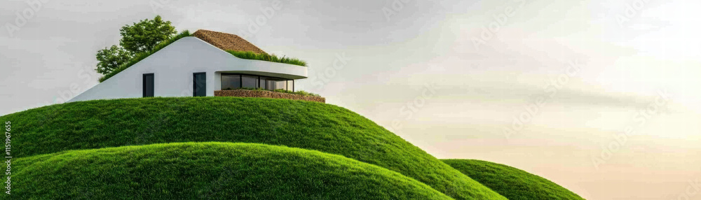 Fototapeta premium Recycle conservation renewal sustainability concept. A serene house atop lush green hills under a clear sky.