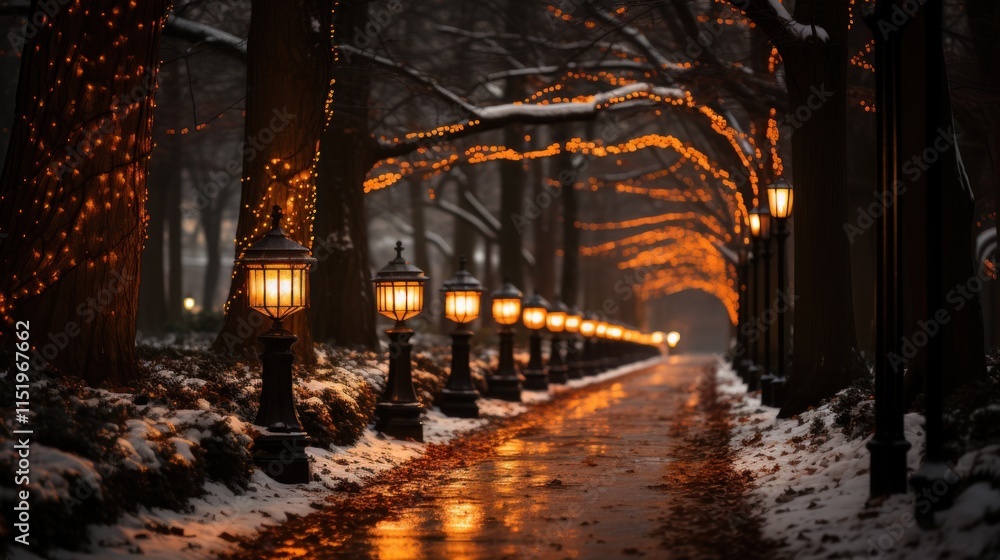 Enchanted Winter Walk: A Snowy Pathway Lit by Festive Lights Enchanted Winter Walk: A Snowy Pathway Lit by Festive Lights