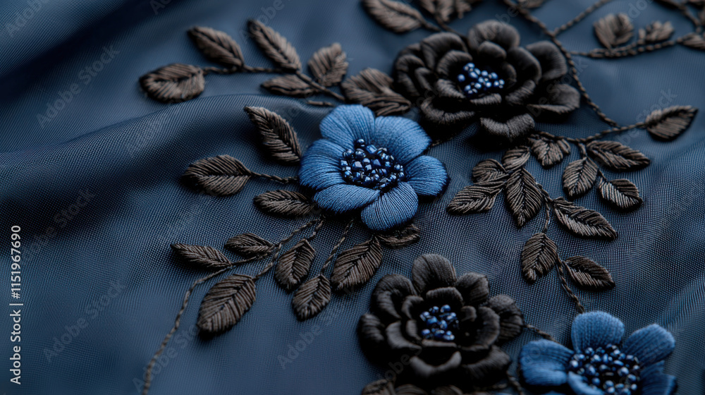 Naklejka premium Dress Day. Intricate floral embroidery on dark fabric, showcasing elegance and detail