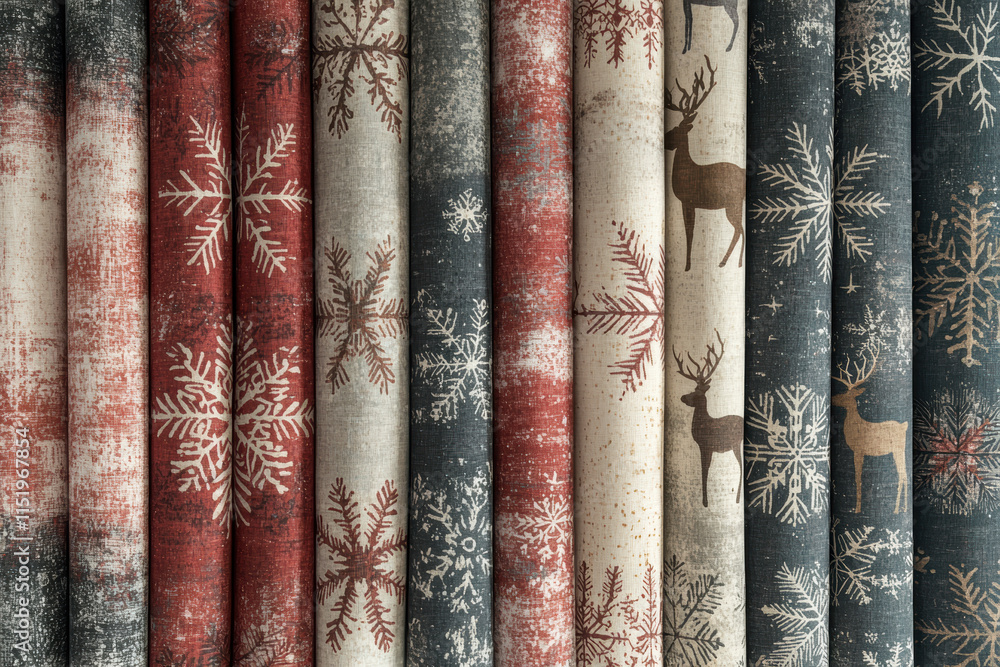 Winter fabric patterns with snowflakes and reindeer in festive colors Winter fabric patterns with snowflakes and reindeer in festive colors