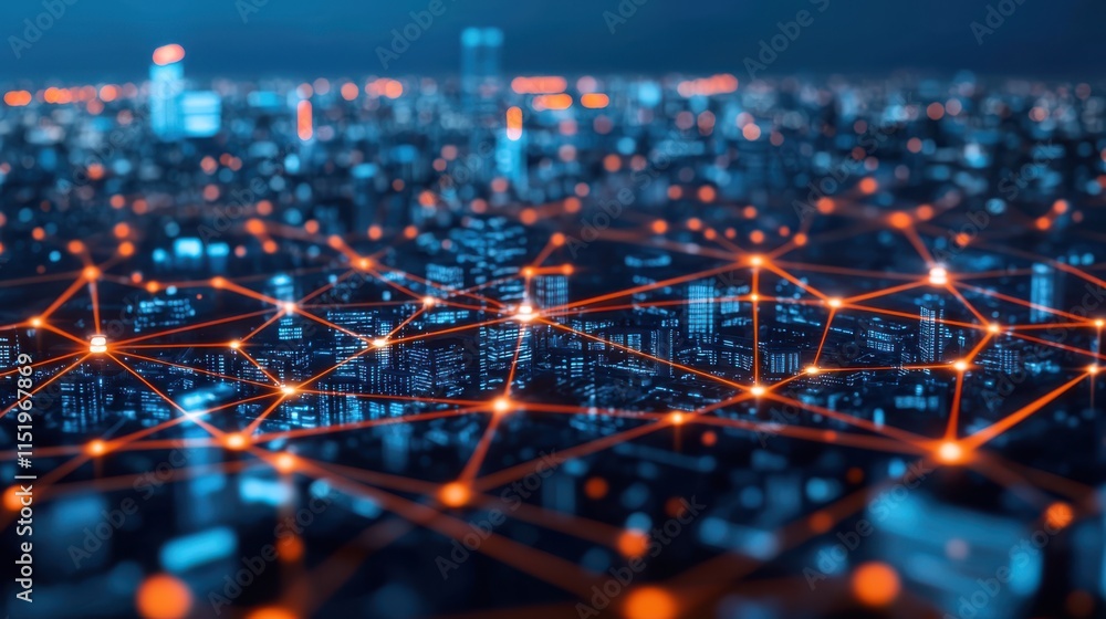 vibrant cityscape illuminated at night, showcasing network of interconnected nodes symbolizing smart city technology and urban connectivity vibrant cityscape illuminated at night, showcasing network of interconnected nodes symbolizing smart city technology and urban connectivity