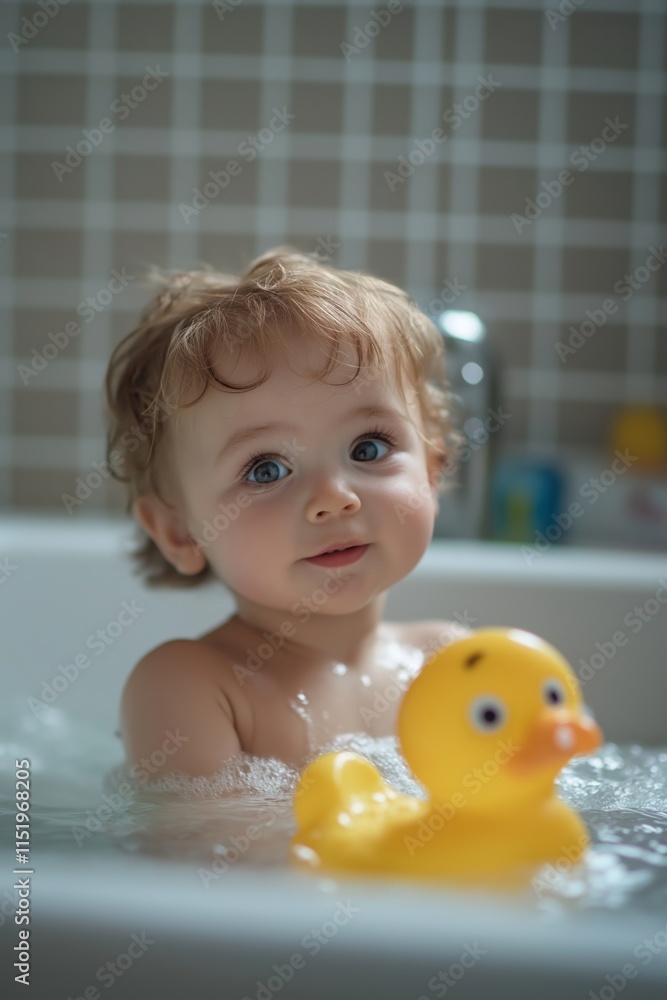 A joyful toddler enjoying bath time with a colorful rubber duck. A joyful toddler enjoying bath time with a colorful rubber duck.