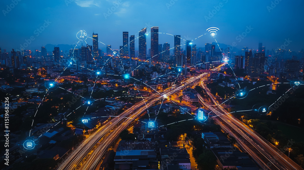 Fototapeta premium Smart digital city with connection cyber security network reciprocity over the cityscape . future smart wireless digital city and social media networking systems that connects people within the city