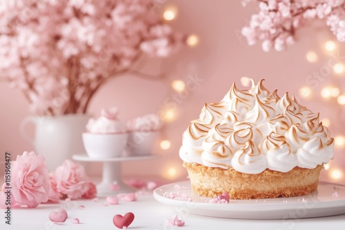 Sweet dessert centerpiece adorned with pink flowers and romantic decorations, perfect for celebrating love on Valentine's Day