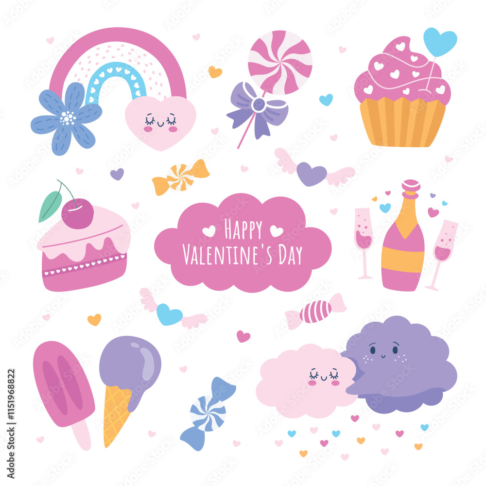 Set of Valentine's Day icons featuring a rainbow a cake a cupcake champagne ice cream candies Set of Valentine's Day icons featuring a rainbow a cake a cupcake champagne ice cream candies