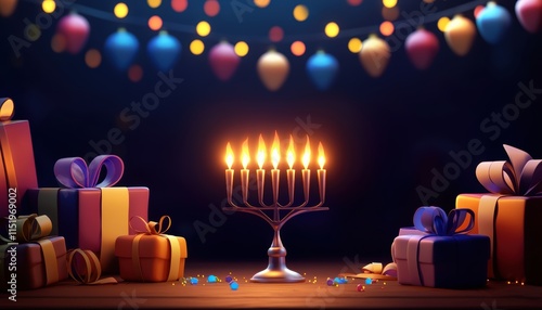 A glowing menorah surrounded by wrapped gifts and festive garlands, capturing the warmth and joy of Hanukkah celebrations photo