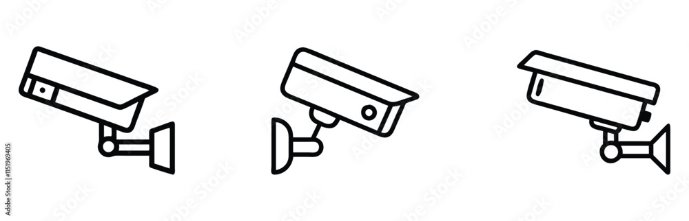 Set of black outline vector icons of surveillance cameras in various angles, ideal for security, monitoring, and technology-themed designs.
Set of black outline vector icons of surveillance cameras in various angles, ideal for security, monitoring, and technology-themed designs.
