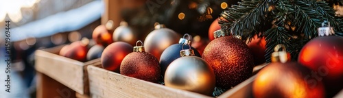 A beautifully decorated holiday market stall selling handcrafted ornaments and gifts, representing festive tradition and artisanal charm