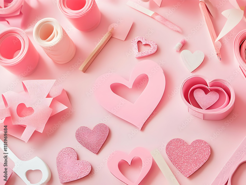 A collection of pink craft materials shaped like hearts for creative projects. A collection of pink craft materials shaped like hearts for creative projects.