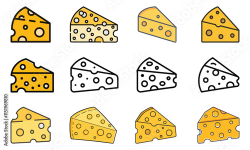 Collection of vector icons featuring cheese wedges in various colorful and outline styles with hole patterns, perfect for food, dairy, cooking, and culinary projects.  

