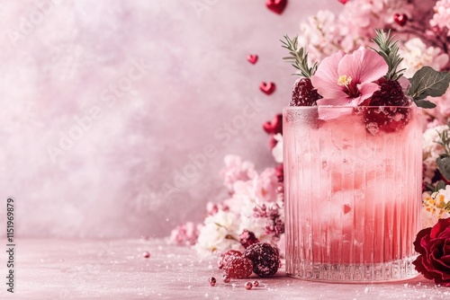 Celebrate love with a refreshing cocktail surrounded by flowers and heart decorations for Valentine's Day festivities