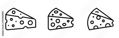 Set of black outline vector icons featuring cheese wedges with hole patterns, ideal for food, dairy, cooking, and minimalist design projects.  
