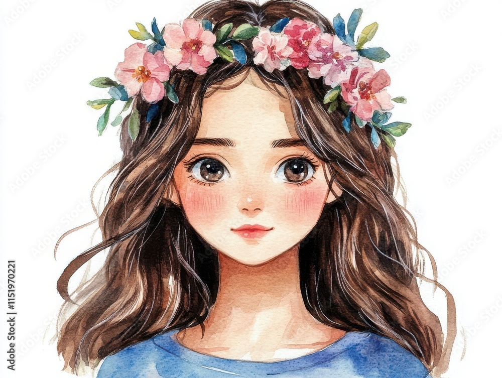 Naklejka premium Floral Crowned Girl, watercolor style, soft brown hair, blue top, gentle expression, blooming headpiece, delicate art