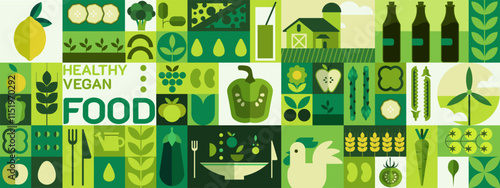 Healthy food. Abstract organic background with vegan graphic fruits and vegetables, farm drink logo. Green kitchen geometry elements. Horizontal banner. Vector flat icon isolated set