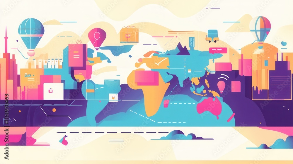 Global E-commerce Marketplace, flat design depicting worldwide online orders and shipping, illustrating a vibrant digital commerce ecosystem. Global E-commerce Marketplace, flat design depicting worldwide online orders and shipping, illustrating a vibrant digital commerce ecosystem.
