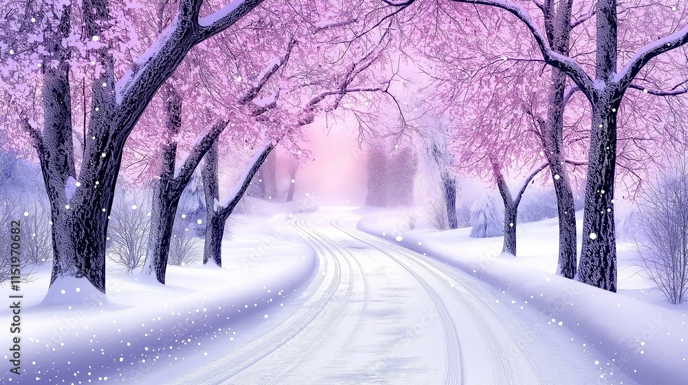 Serene snowy forest pathway with pink-hued trees in winter scenery Serene snowy forest pathway with pink-hued trees in winter scenery